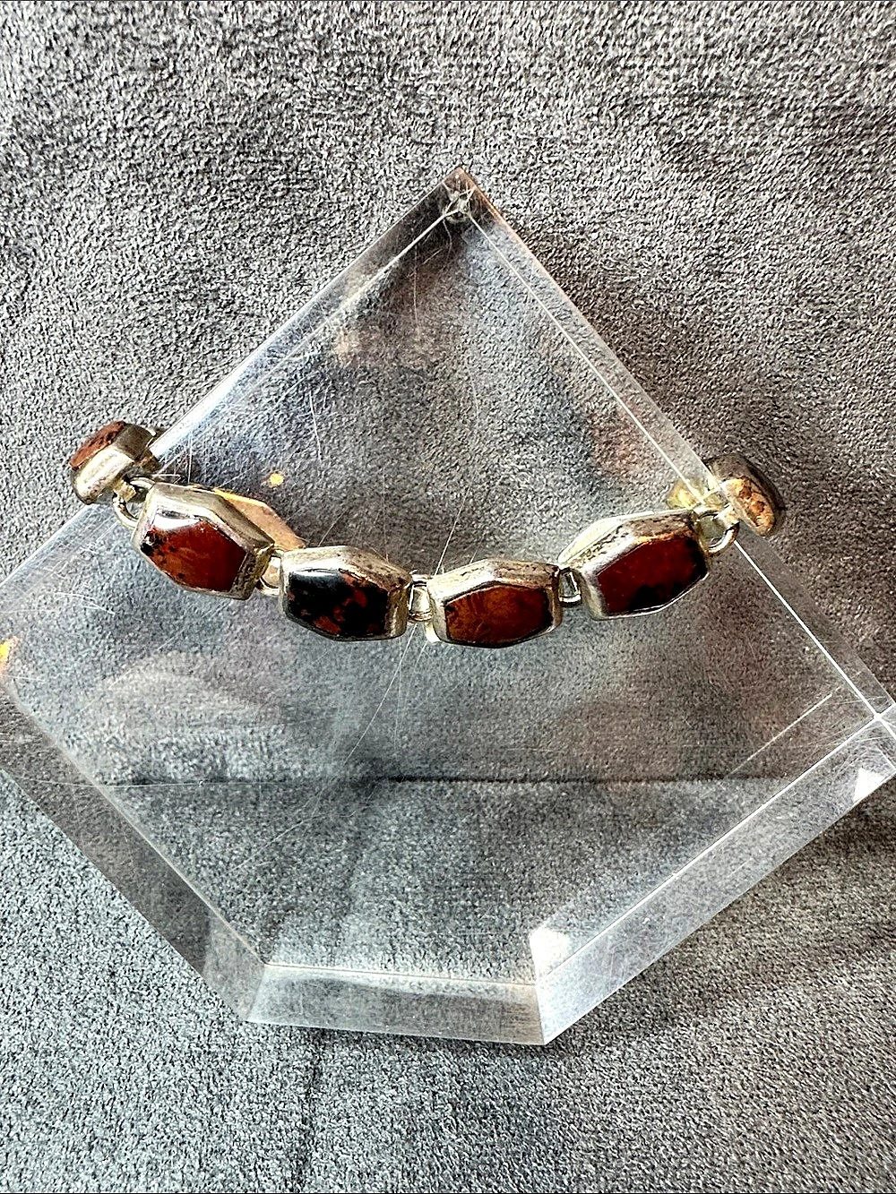 Vintage Mexico 925 Sterling Silver Brown Stone Link Bracelet 28.3g
